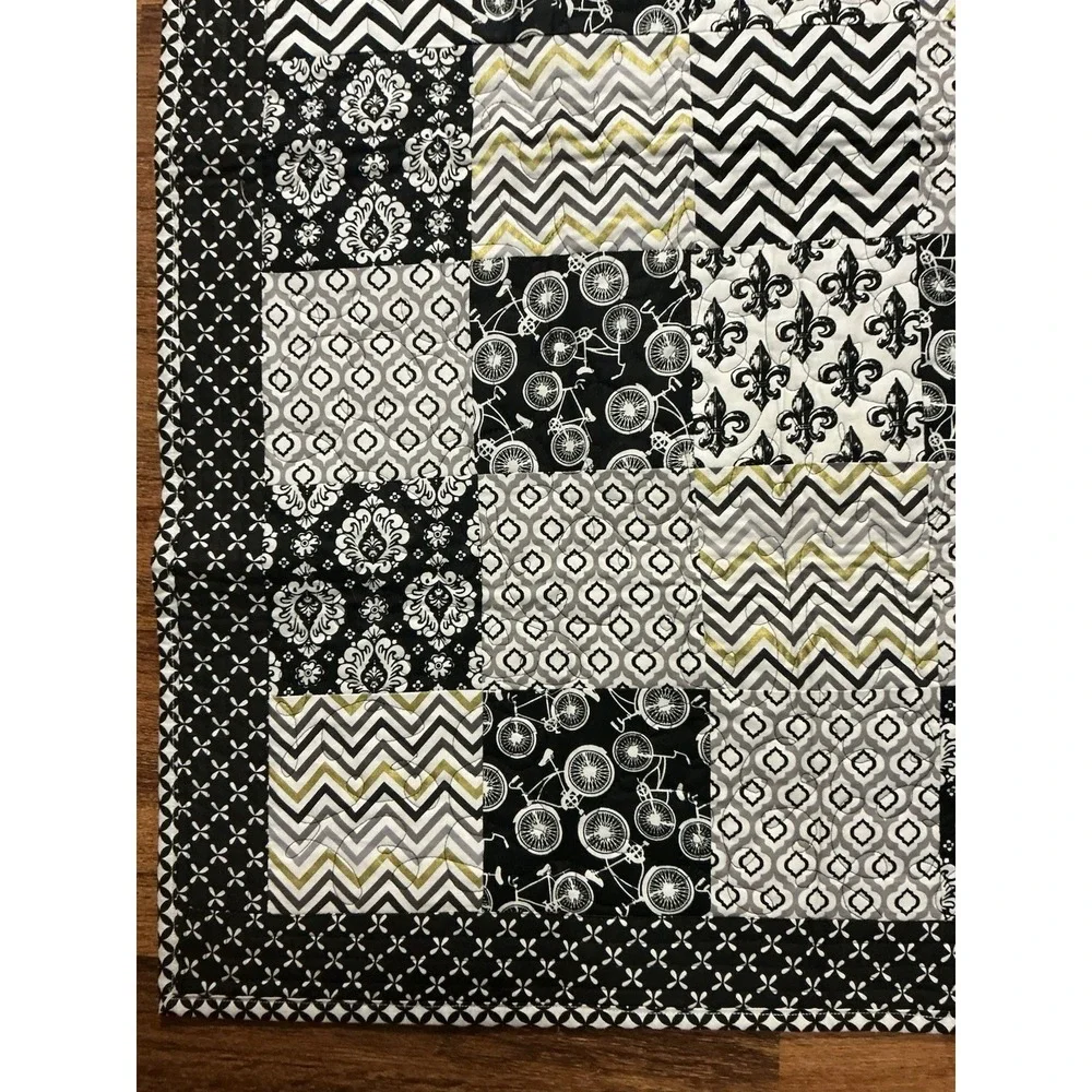 Handcrafted By Dee Black & White Patchwork Quilt 40in X 30in Bicycles & Chevron
